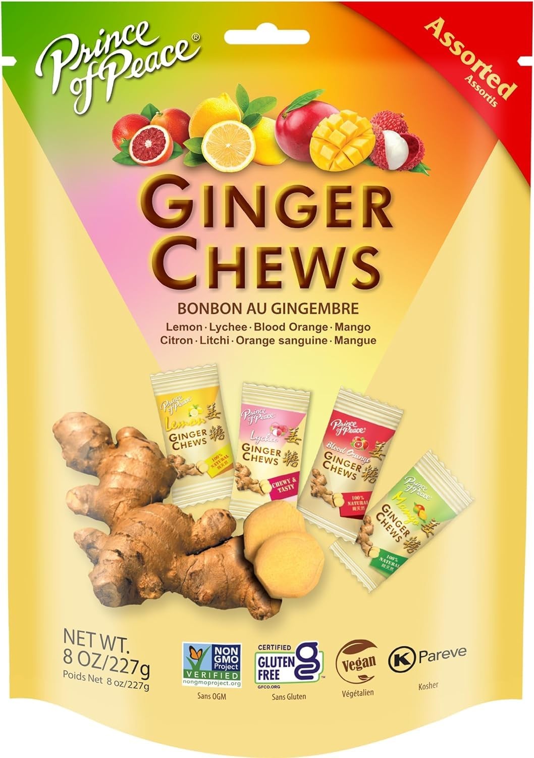Prince of Peace Ginger Chews Assorted 8 oz Lemon, Lychee, Blood Orange, Mango
