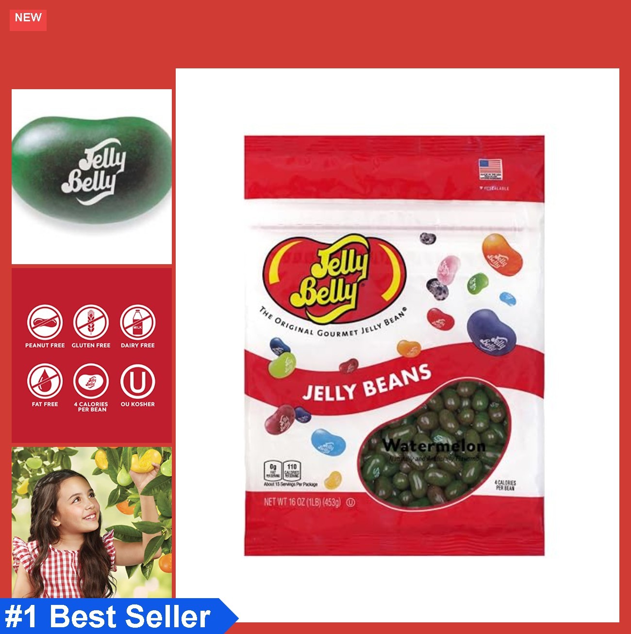 Watermelon Jelly Beans 1 Pound Resealable Bag Candy Real Juice Gluten Free