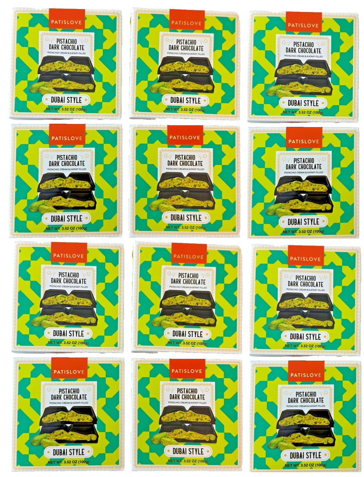 12 Pack Trader Joe’s Patislove Pistachio Dark Chocolate Dubai Style 3.52 Oz Each