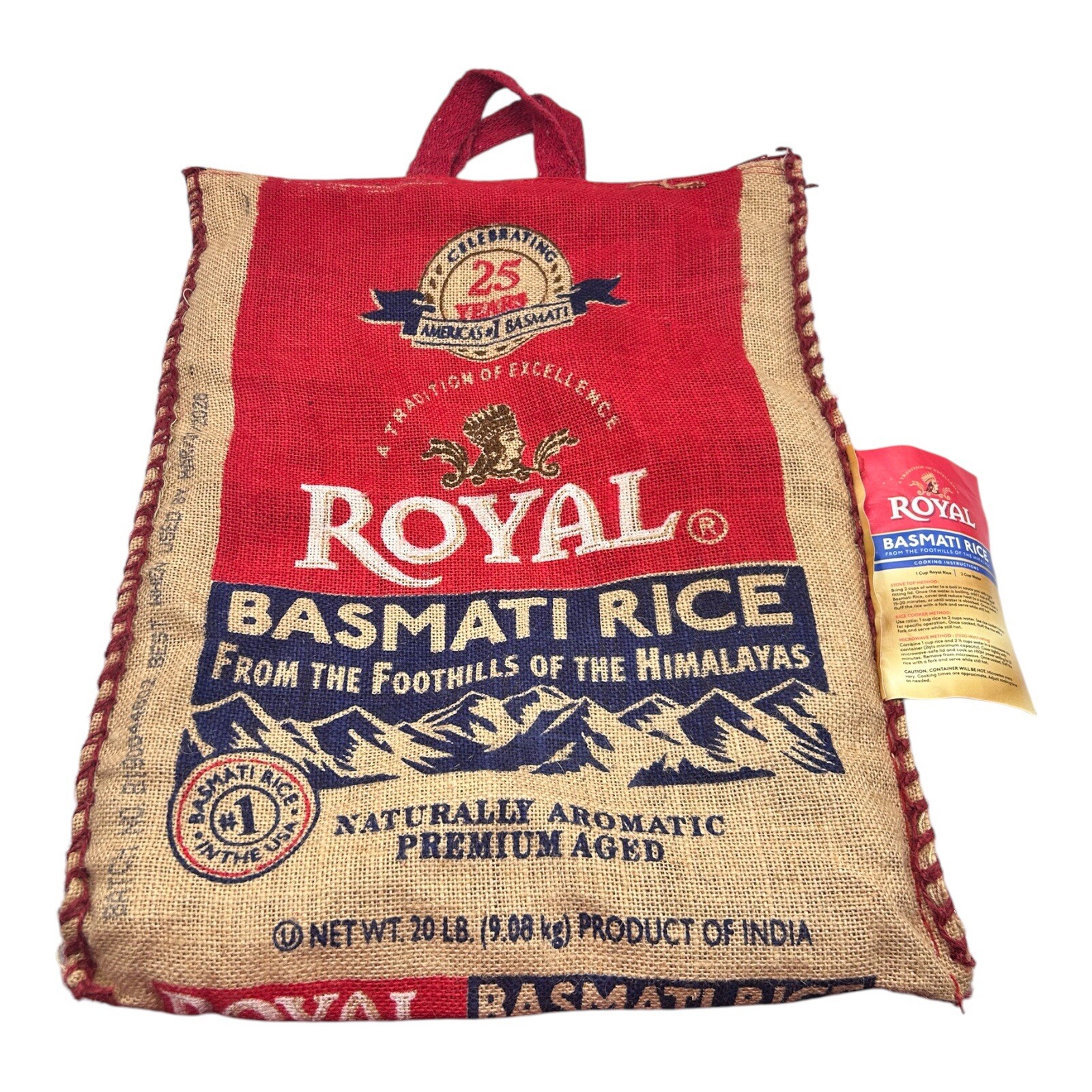 Royal Basmati Rice Bag 20lbs Burlap Handles Zipper Heavy Duty 25th Anniv No Rice