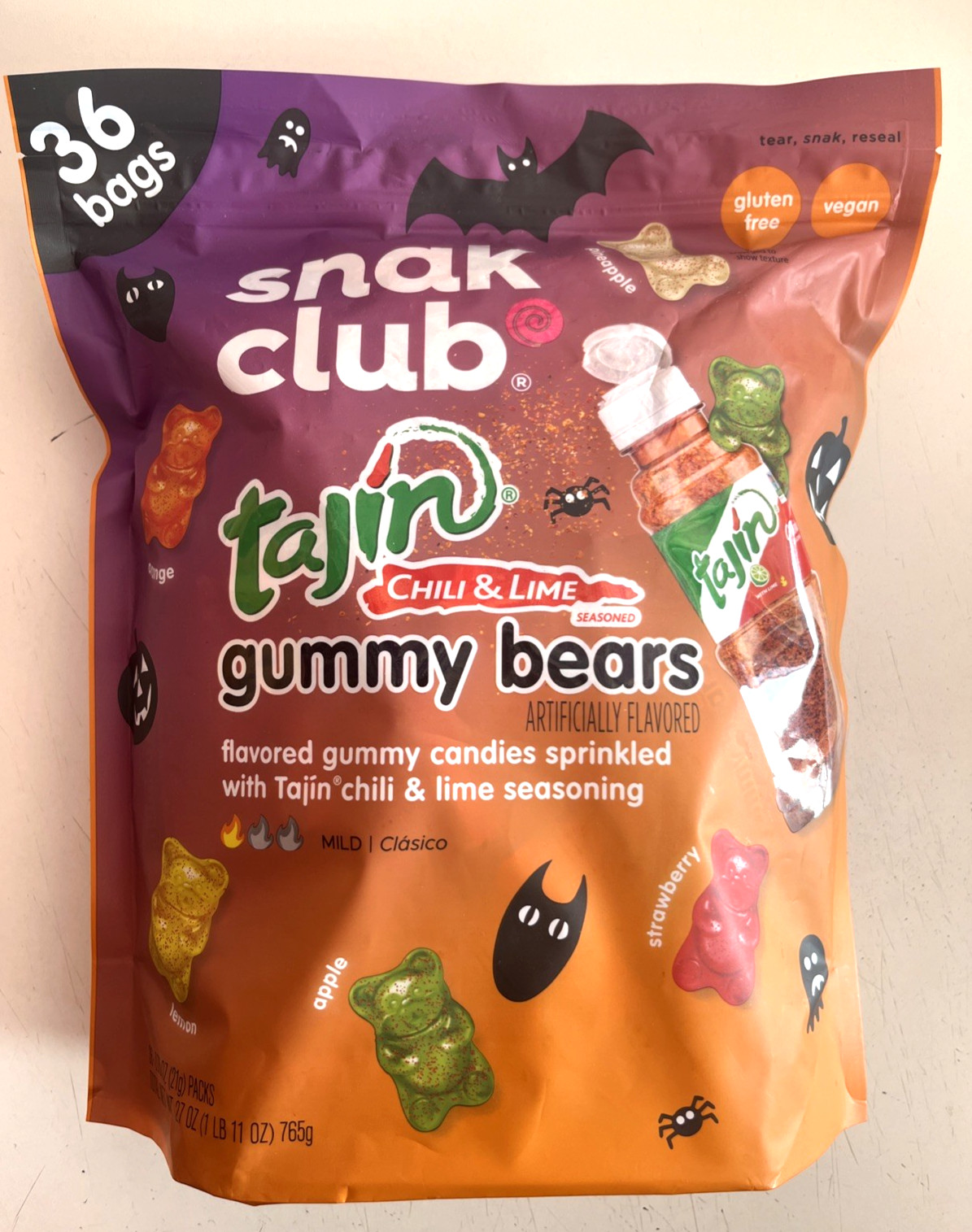 Snak Club Tajin GUMMY BEARS Chili & Lime Seasoned Mild 36 x 0.75 oz Bags