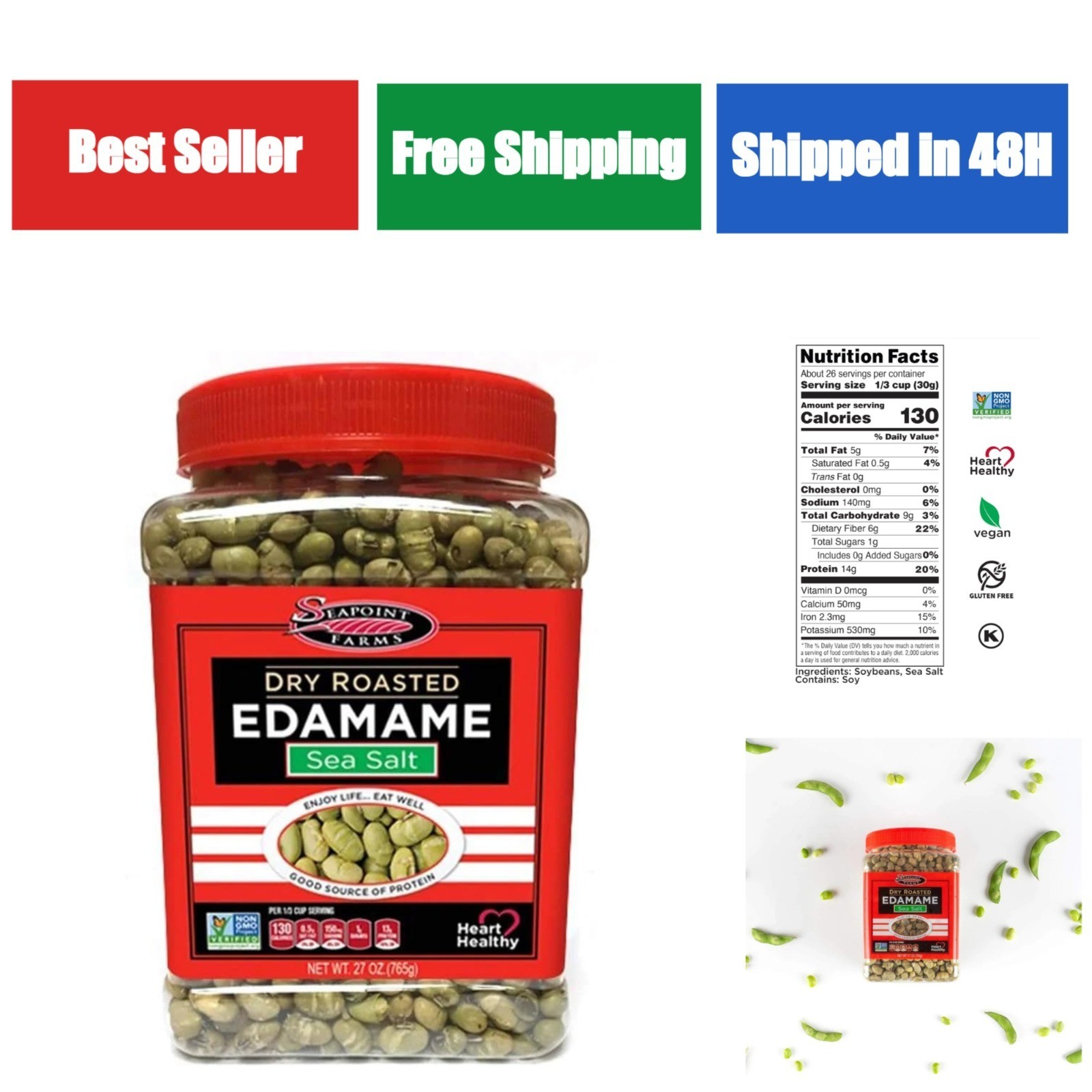 Seapoint Farms Dry Roasted Edamame, Sea Salt, 27 oz Jar, Vegan Snack