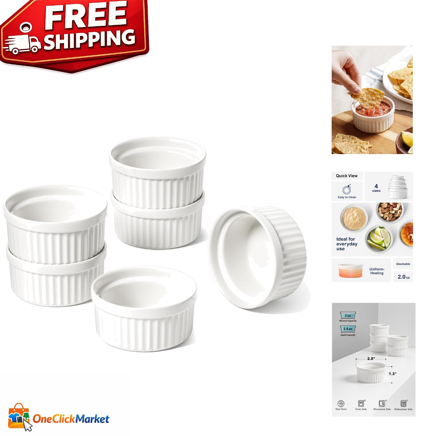 Stylish White Souffle Dishes, 2 Oz Ceramic Sauce Cups for Charcuterie Boards