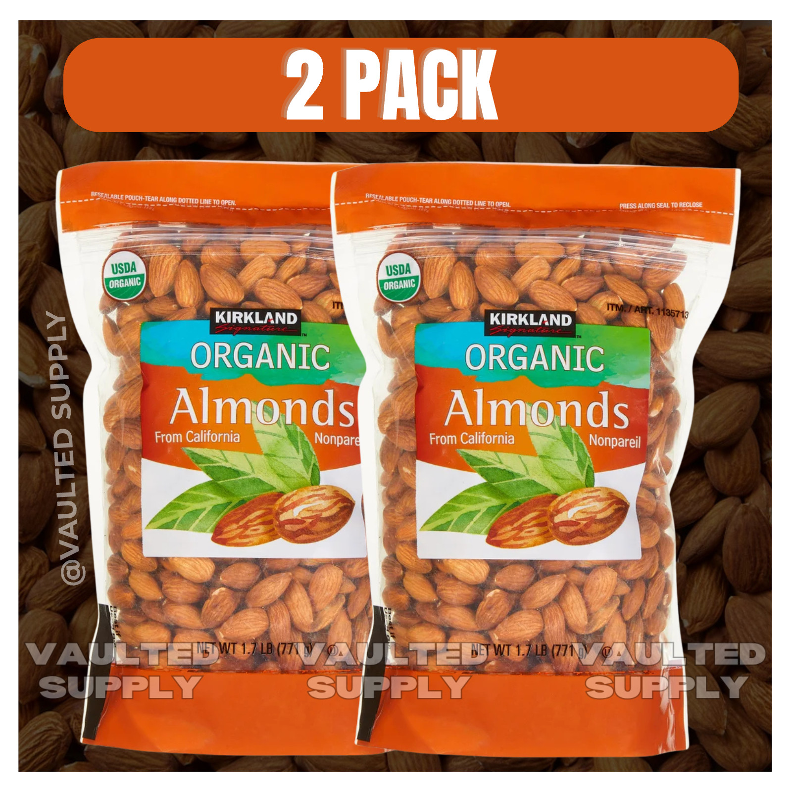Kirkland Signature Organic Almonds from California Nonpareil 1.7 LB Each 2 Pack