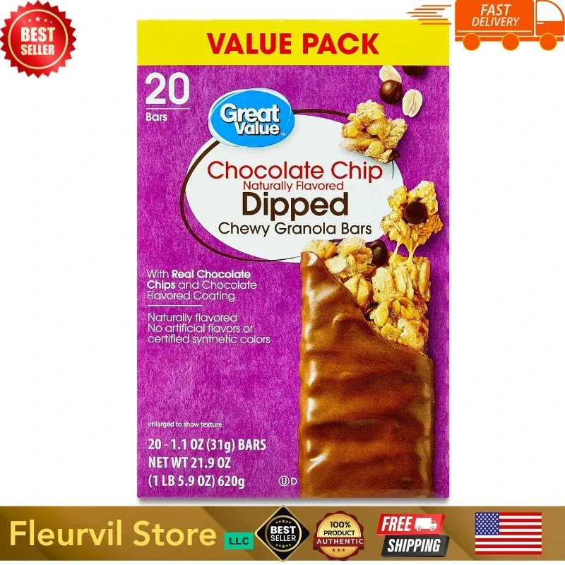 Great Value Chocolate Chip Dipped Chewy Granola Bars, 1.1 oz Paper Box, 20 Count