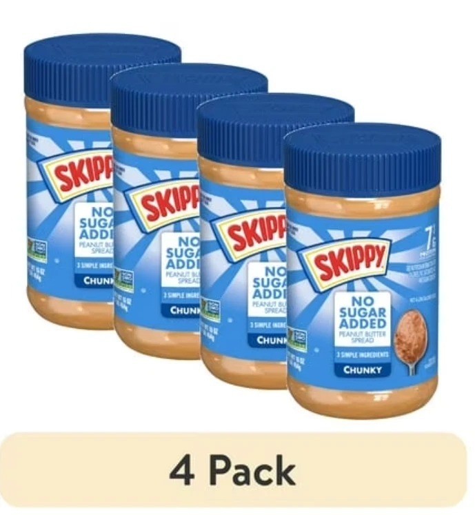 (4 pack) SKIPPY Chunky Peanut Butter Spread No Sugar Added, 7 g Protein Per Serv
