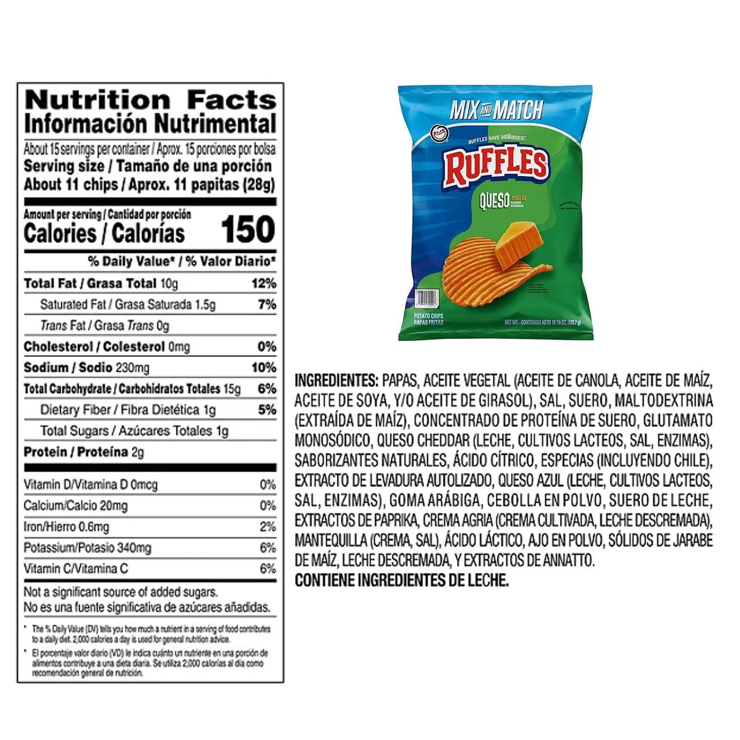 Ruffles Queso Cheese Flavored Potato Chips, 15.125 oz.