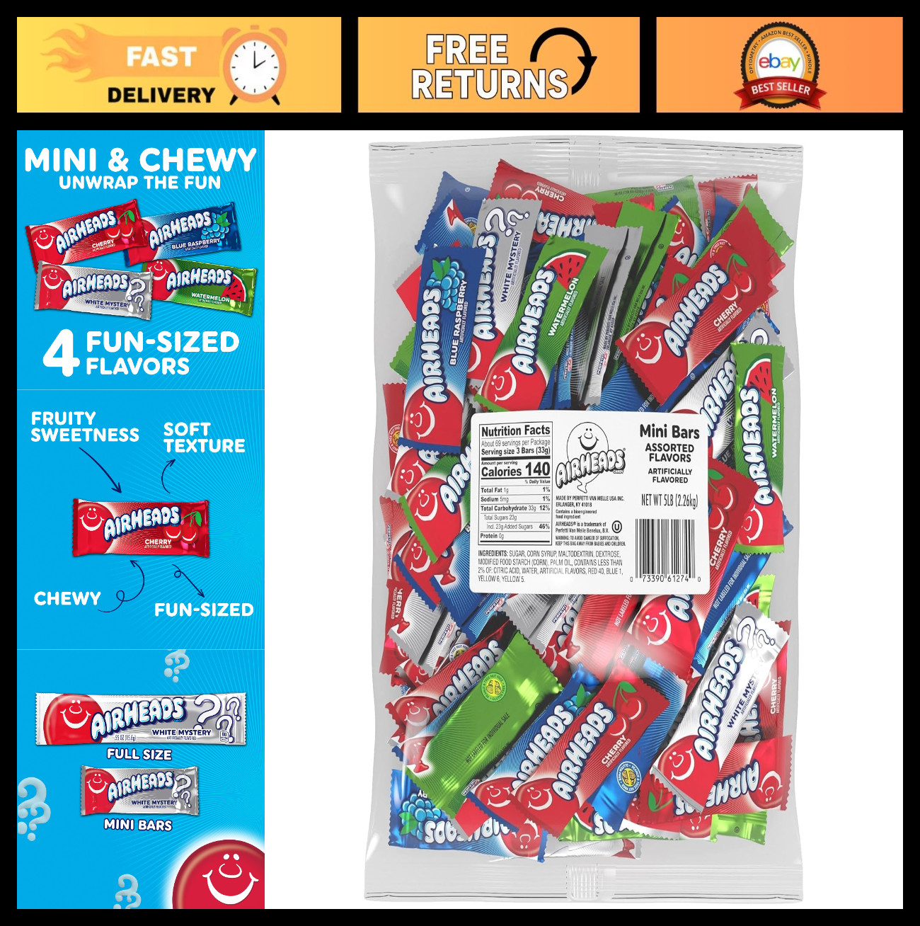 Chewy Taffy Mini Candy Bars – Assorted Fruit Flavors, 5 lb Bulk for Parties & Go