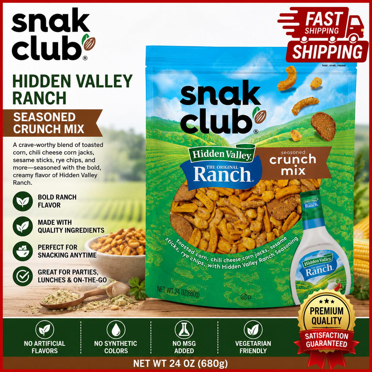 Snak Club Crunch Mix Hidden Valley Original Ranch Seasoned 24 Oz LMITED TIME
