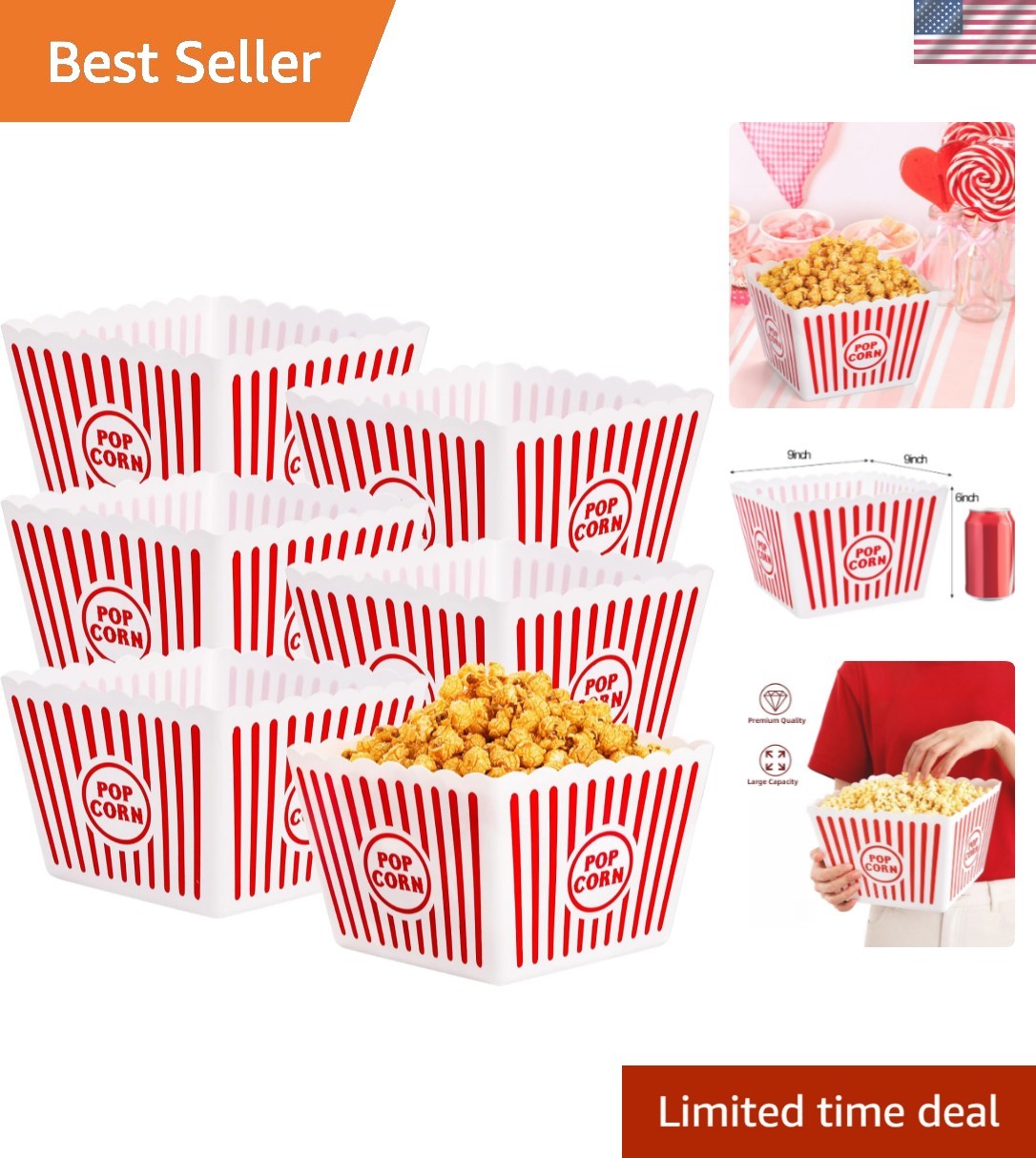 6 Pack Plastic Popcorn Buckets Reusable, Large Popcorn Containers for Movie N…