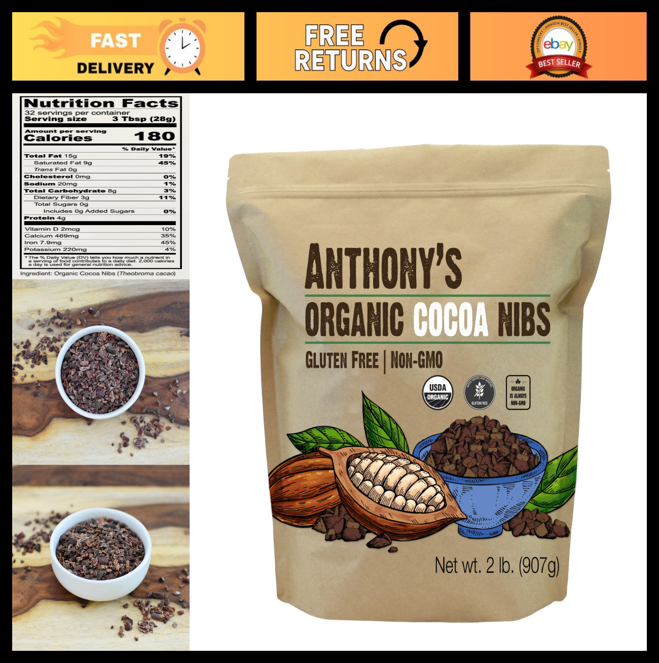 Organic Cacao Cocoa Nibs 2 lb – Gluten Free, Non-GMO, Unsweetened, Criollo Beans
