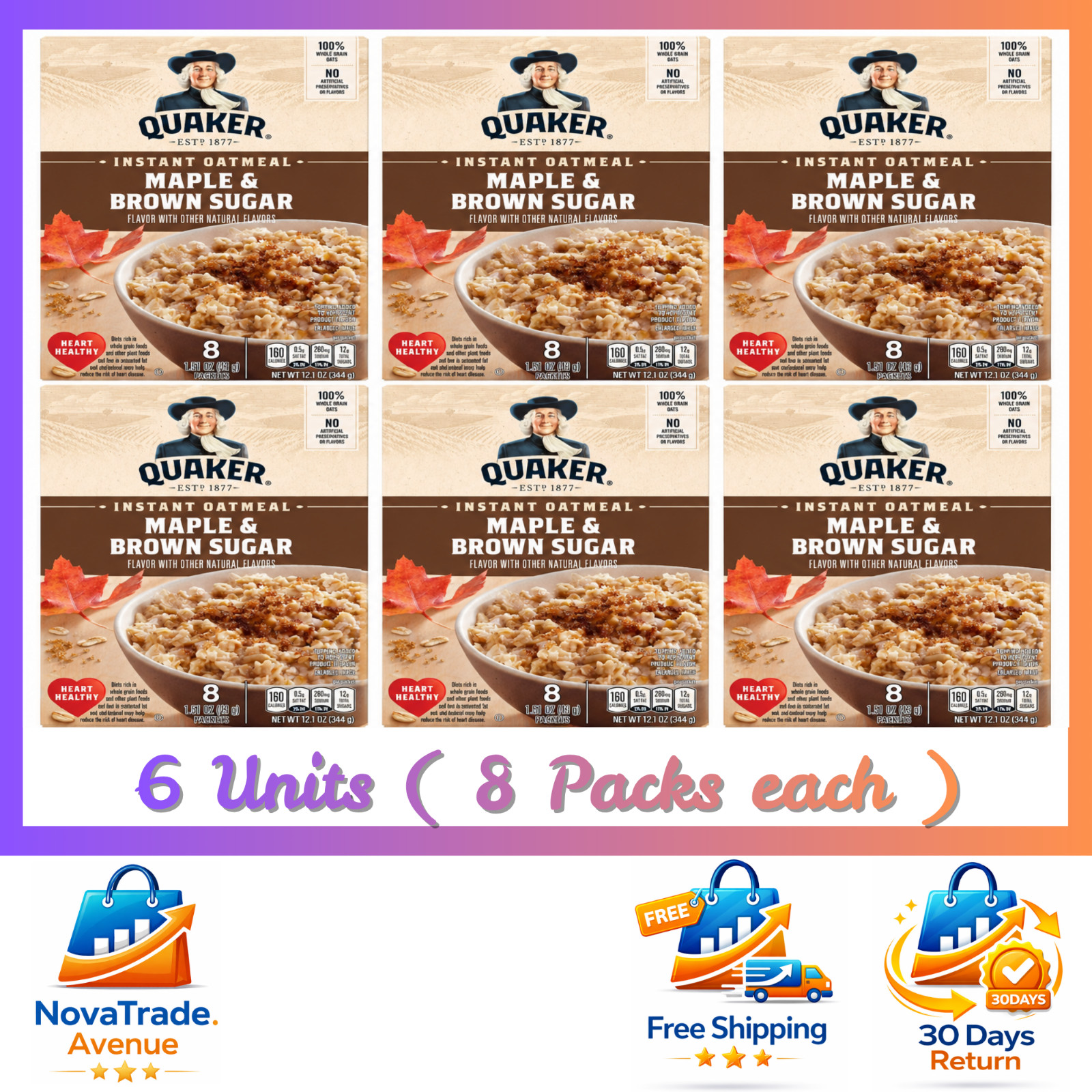 Quaker Maple & Brown Sugar Flavor Instant Oatmeal, 48 Total Packets