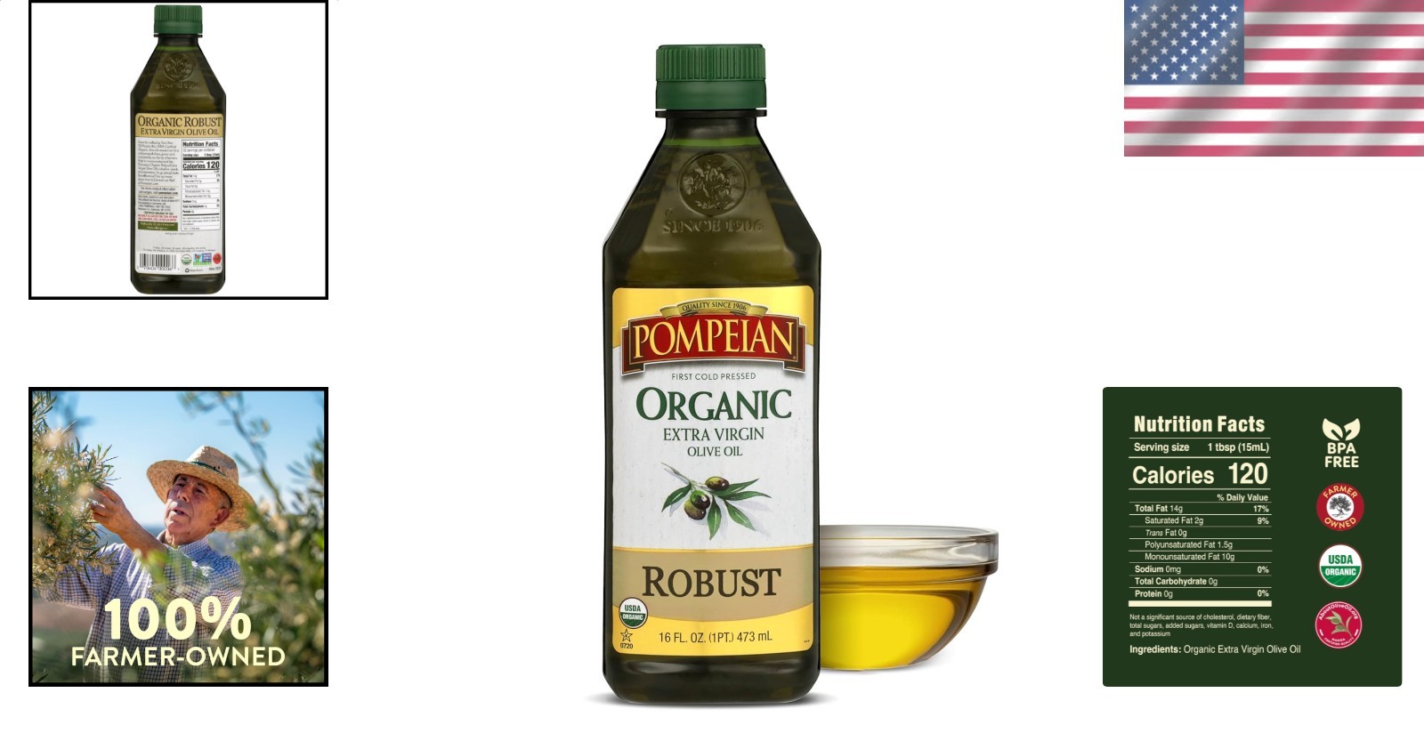 Organic EVOO Extra Virgin Olive Oil Robust Cold Pressed Polyphenols 16oz Bottle