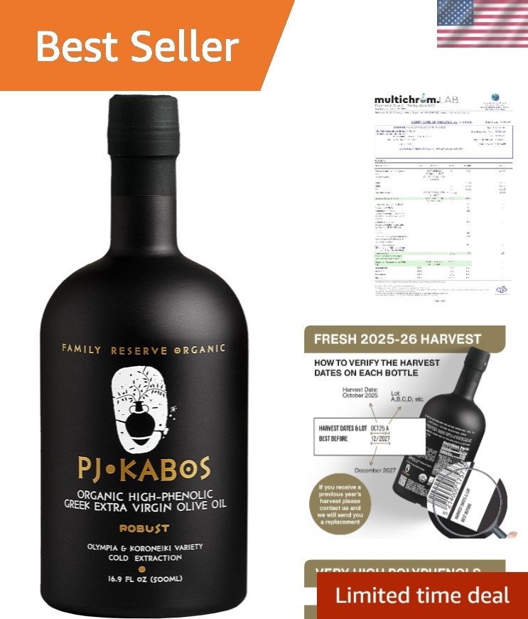 16.9oz PJ KABOS High Phenolic EVOO – Organic Greek Olive Oil for Gourmet Cooking