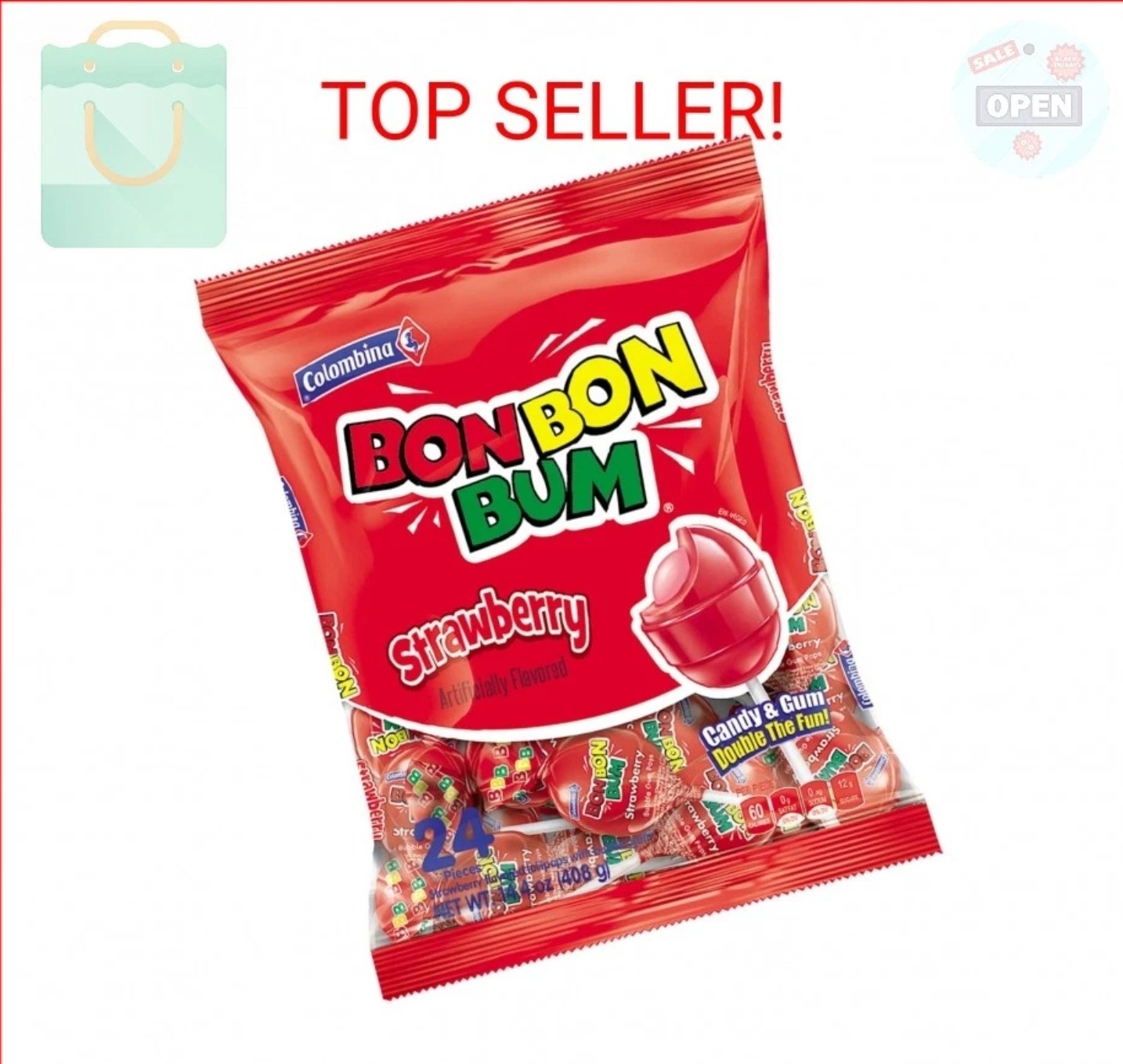 Colombina Bon Bon Bum Strawberry Bubble Gum Lollipops Colombian Candy (24)