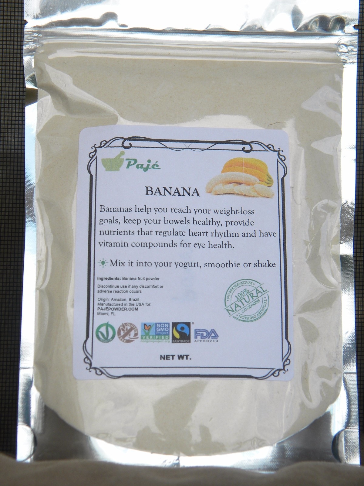 BANANA powder 16oz – 1lb , SE Brazil origin potassium, gluten free, nonGMO PAJE