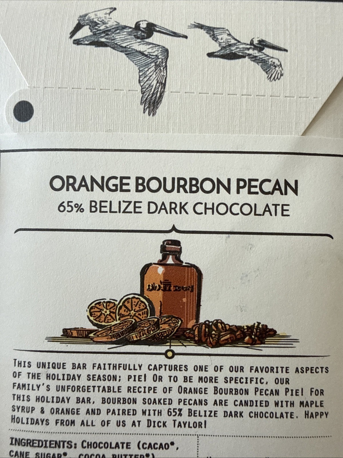 Dick Taylor Orange Bourbon Pecan 65% Dark Chocolate Craft Gourmet Belize 2 Oz
