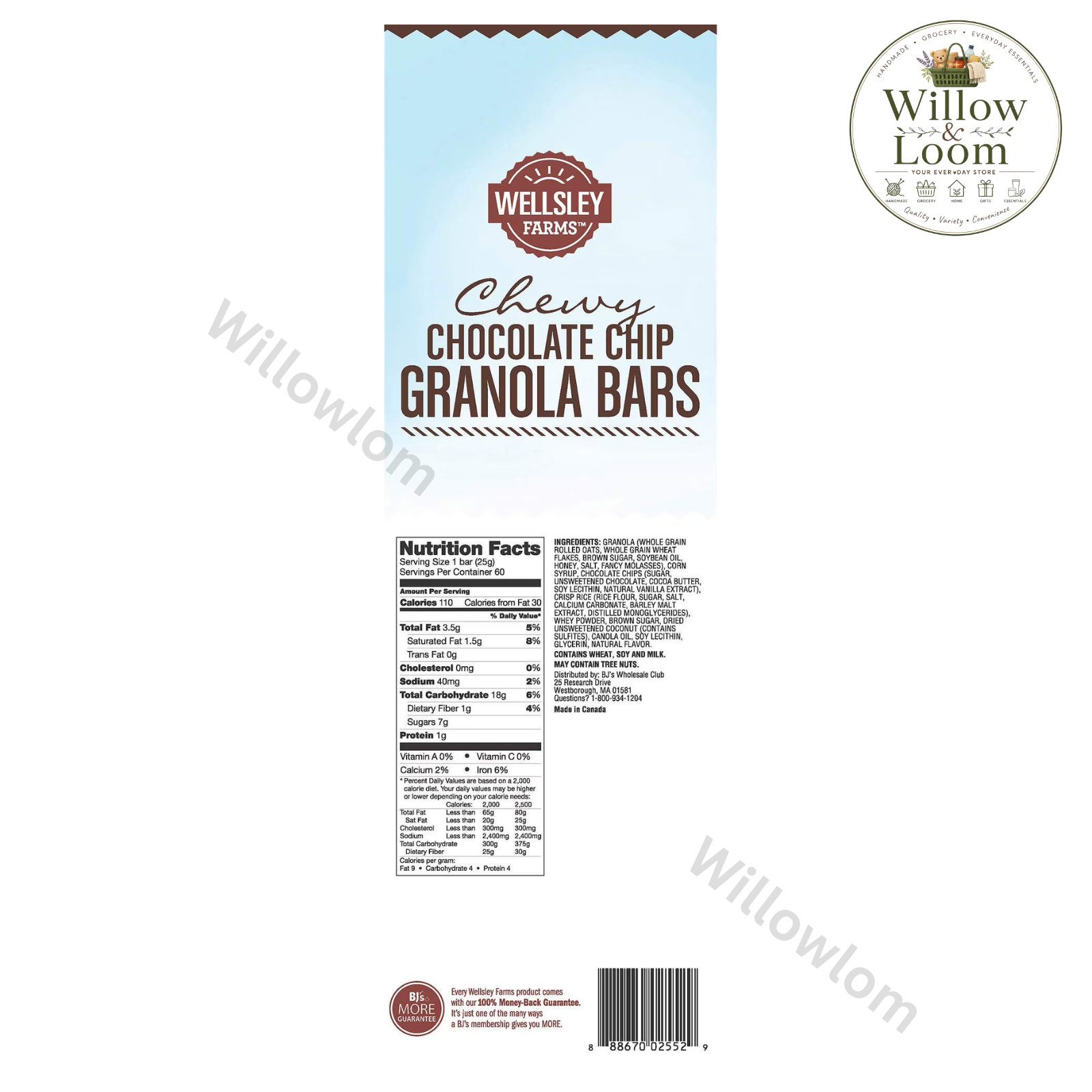 Wellsley Farms Chewy Chocolate Chip Granola Bars 60 Count Whole Grain Bulk Box