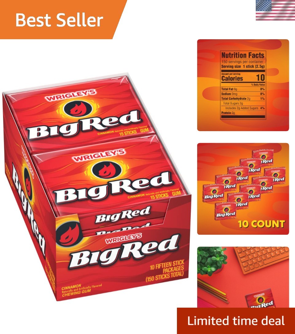 Big Red Cinnamon Chewing Gum Bulk – 10 Packs of 15 Sticks, Fresh Breath Anytime!