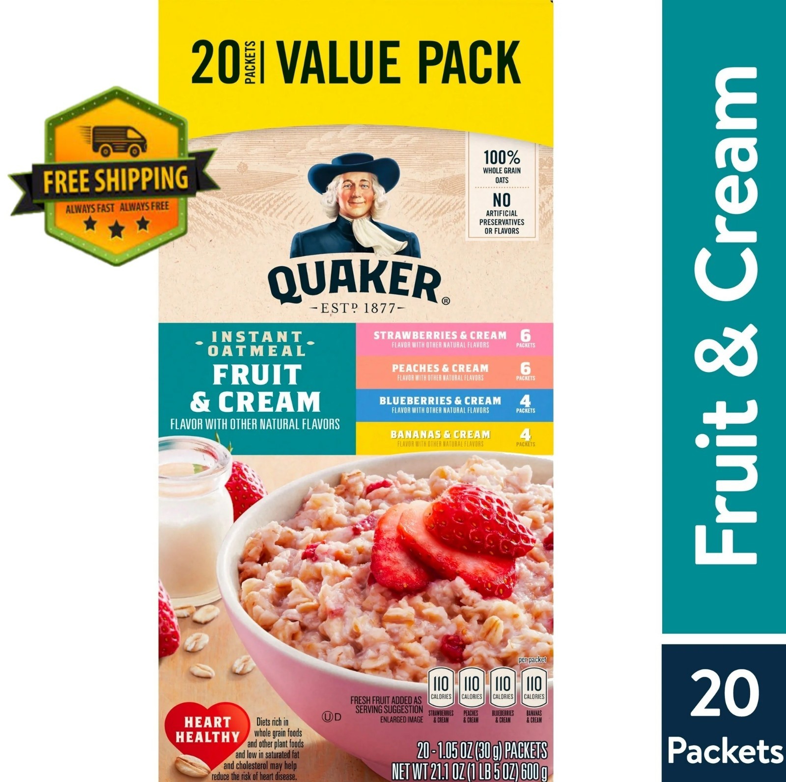Quaker Instant Oatmeal Fruit & Cream Variety Pack – 20 Individual Packets