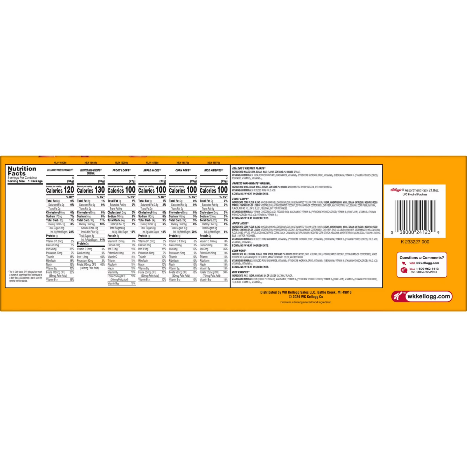 Kellogg’s Assortment Pack Variety Pack Breakfast Cereal Box, 21.8 oz, 20 Count