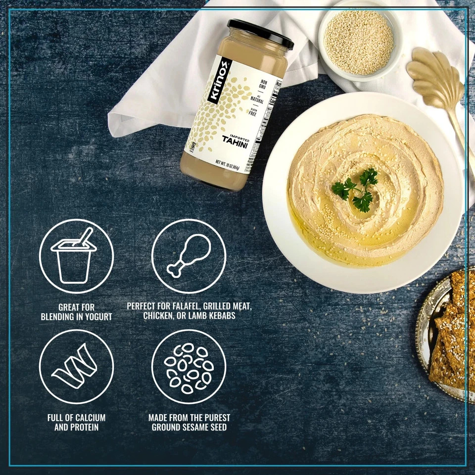 Krinos Imported Tahini, Velvety Texture, 16 oz Jar, Ground Sesame Seeds