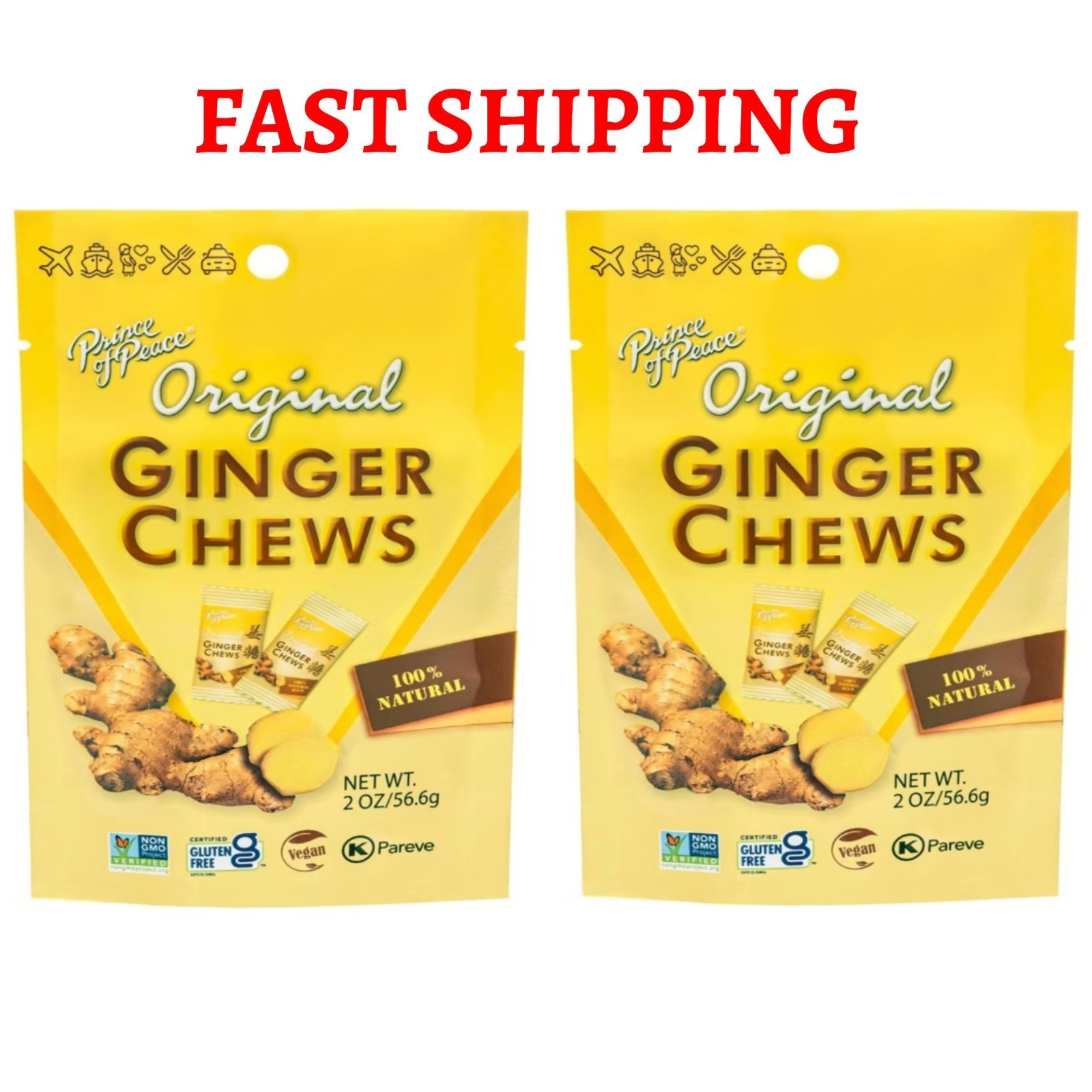 Original Ginger Chews 2 Bags Prince of Peace 100%Natural 2oz each Candied Ginger