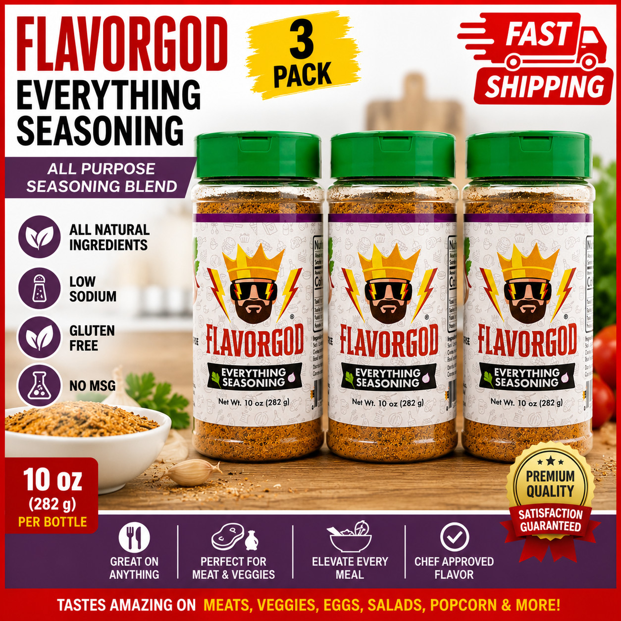 3 PACK Flavorgod Everything Seasoning Large 10 oz
