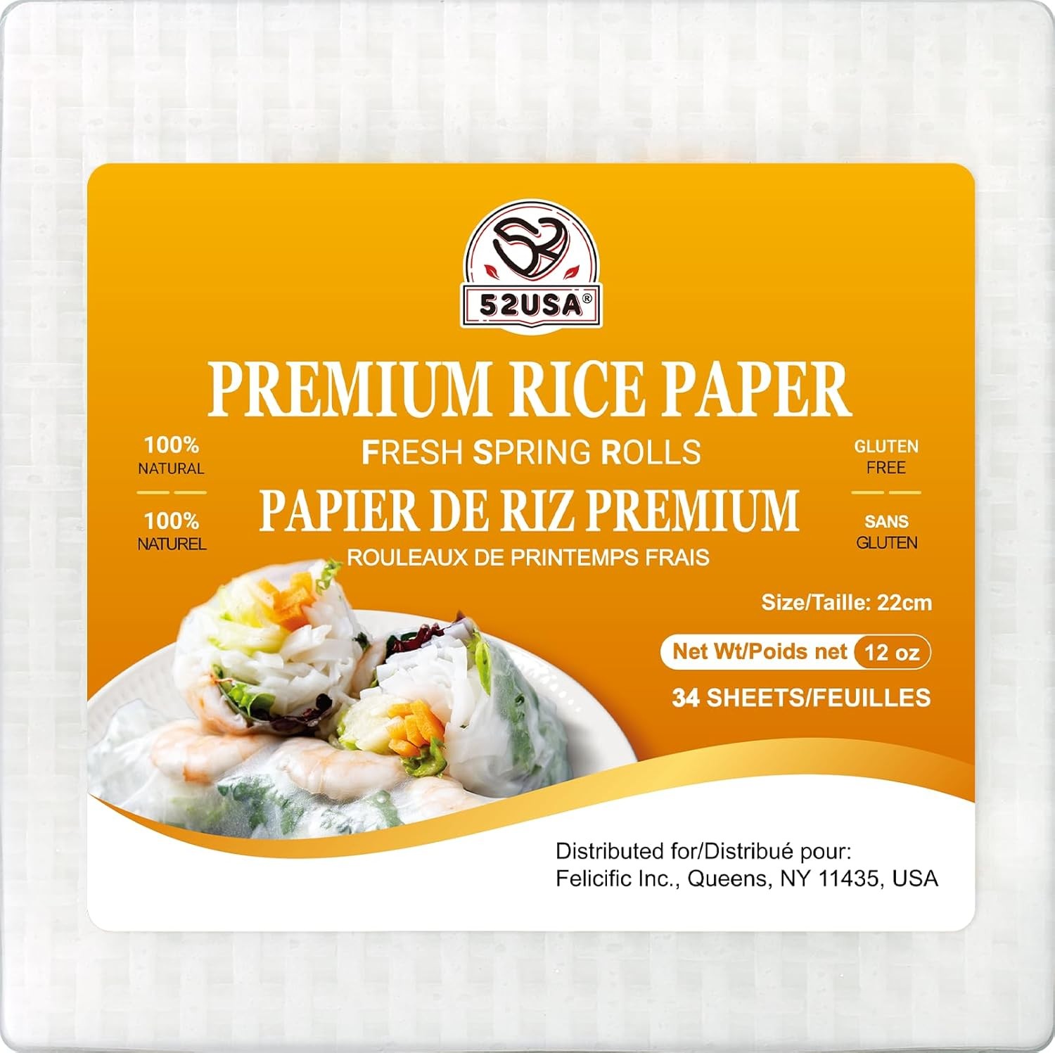 52USA Square Rice Paper, 1 Pack, White Rice Paper Wrappers, 22cm, 12 oz