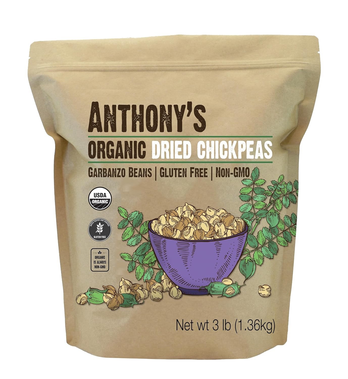 Anthony’s Organic Dried Chickpeas, 3 lb, Dry Garbanzo 48 Ounce (Pack of 1)