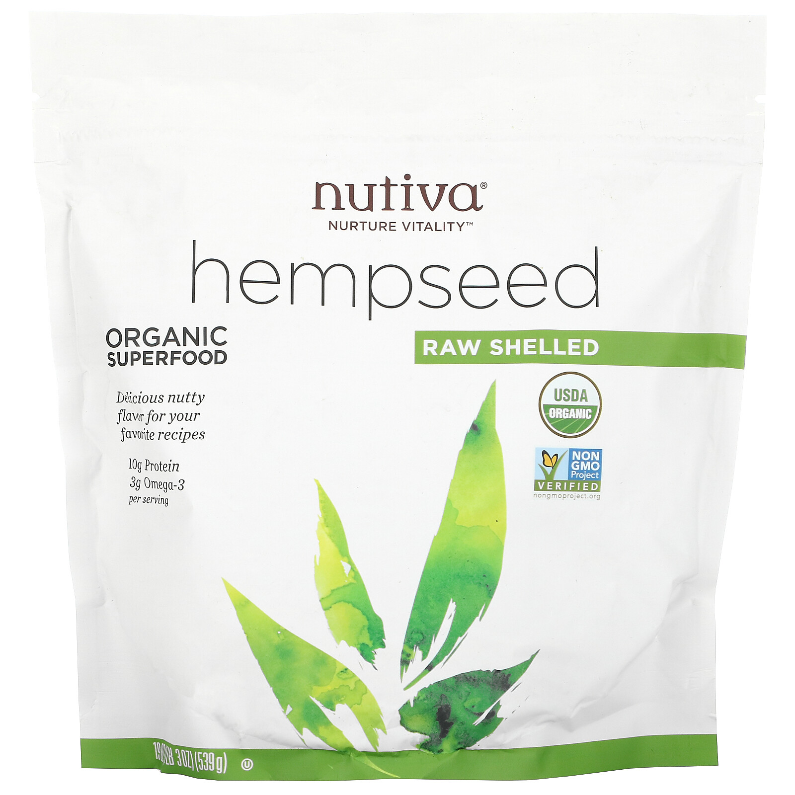 Nutiva Organic Hemp Seed Raw Shelled 19 oz 539 g B Corp, Kosher, Non-GMO,