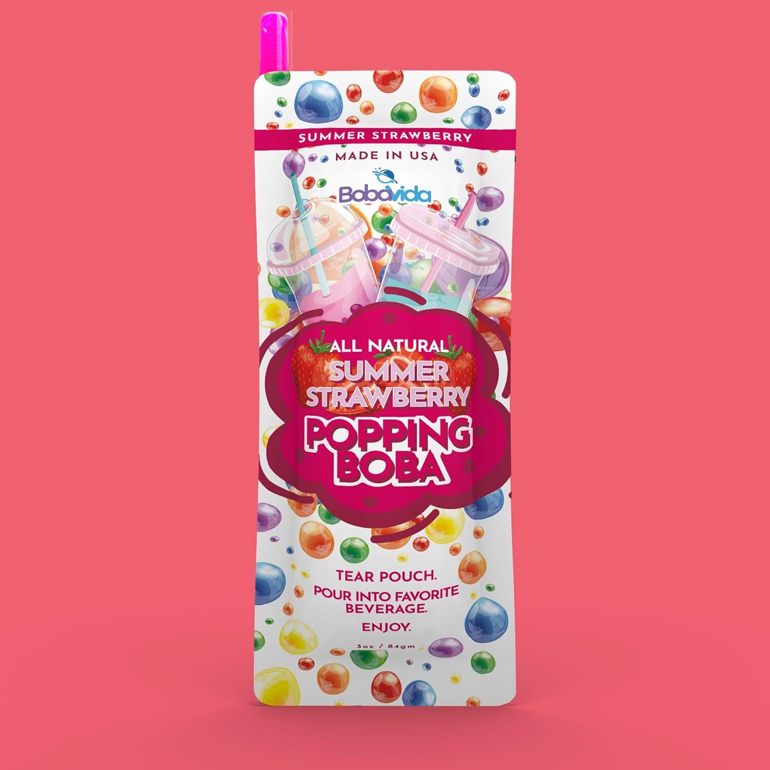 Boba Vida Non-GMO Popping Boba Pearls All Natural Summer Strawberry w/Straw