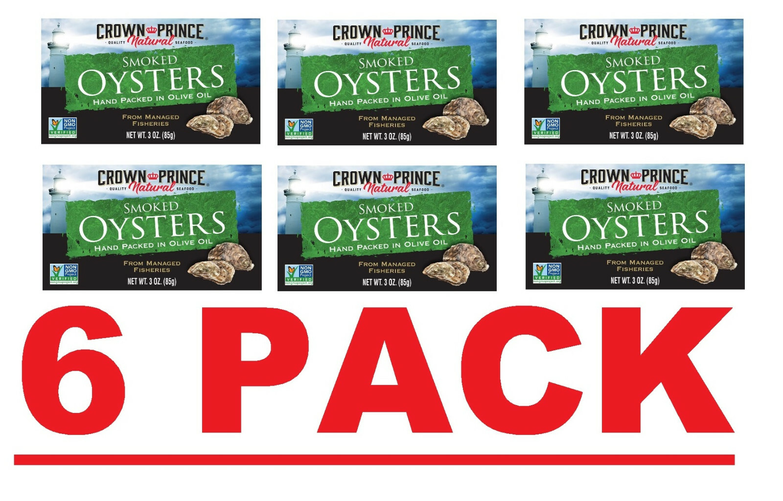 6 PACK – Crown Prince Natural Smoked Oysters in Pure Olive Oil 3 oz EXP: 03/2027