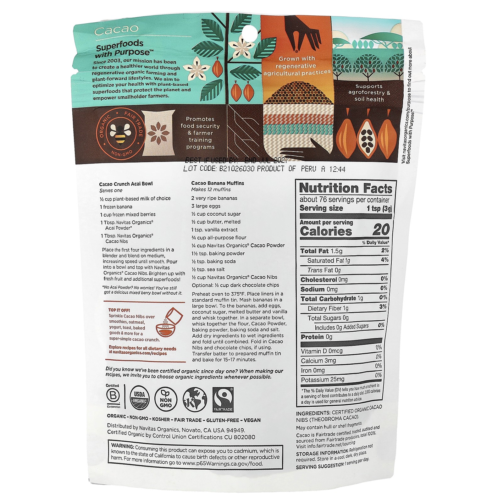 Organic Cacao Nibs, Unsweetened, 8 oz (227 g)