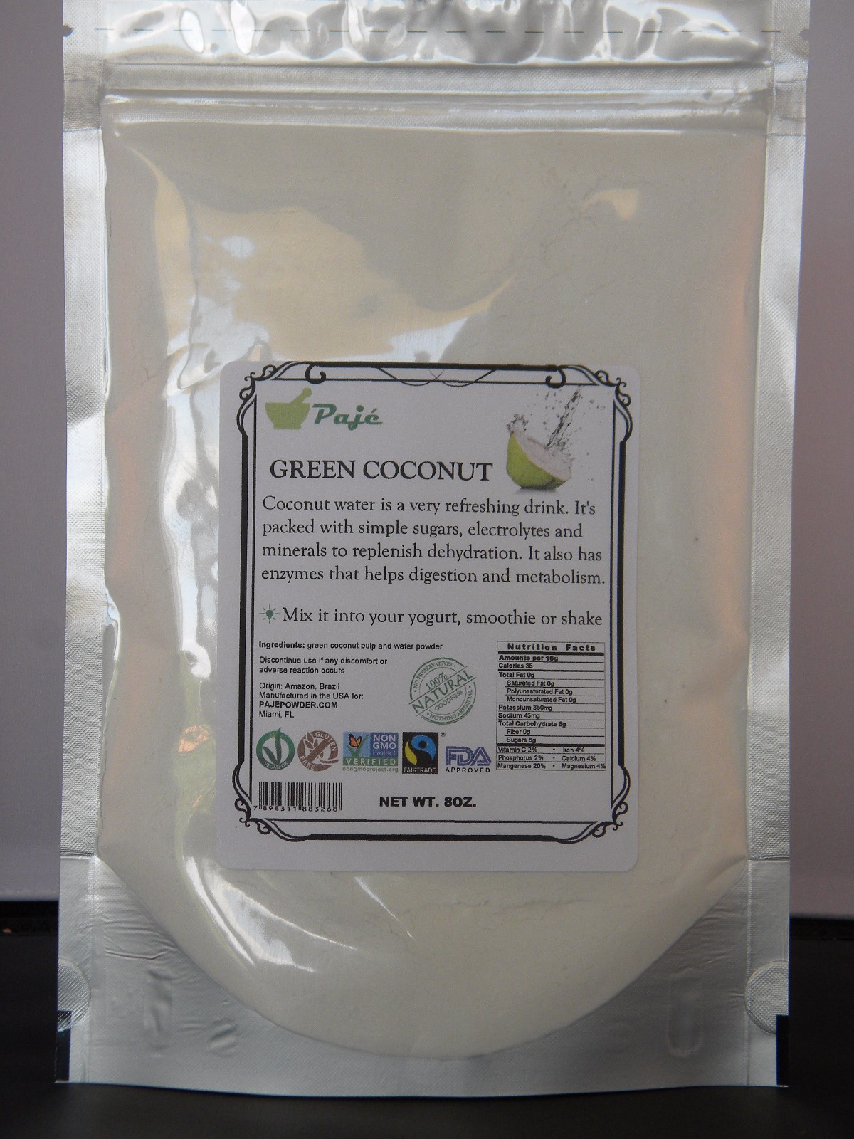 Coconut water powder 8oz 1/2lb Electrolyte Hydration digestion metabolism PAJE