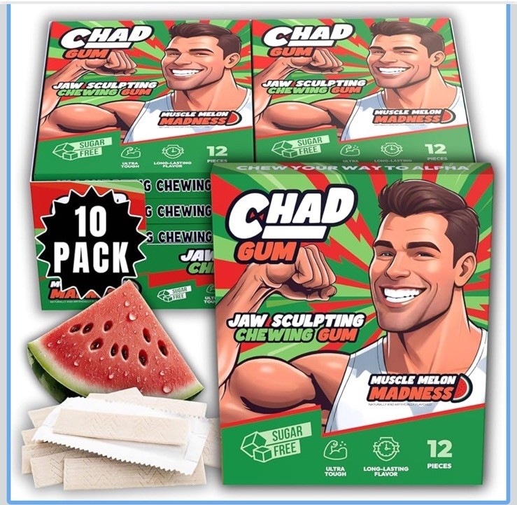 Chad Gum. Jaw Sculpting Chewing Gum, Muscle Melon Madness 10 Packs – 120 Pcs