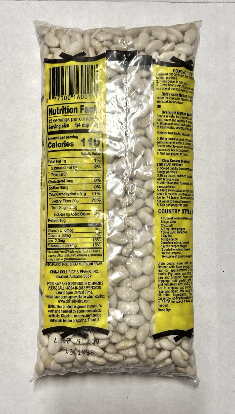 8lbs China Doll Dried Great Northern Beans 1 lb (x8) BB 10/2027