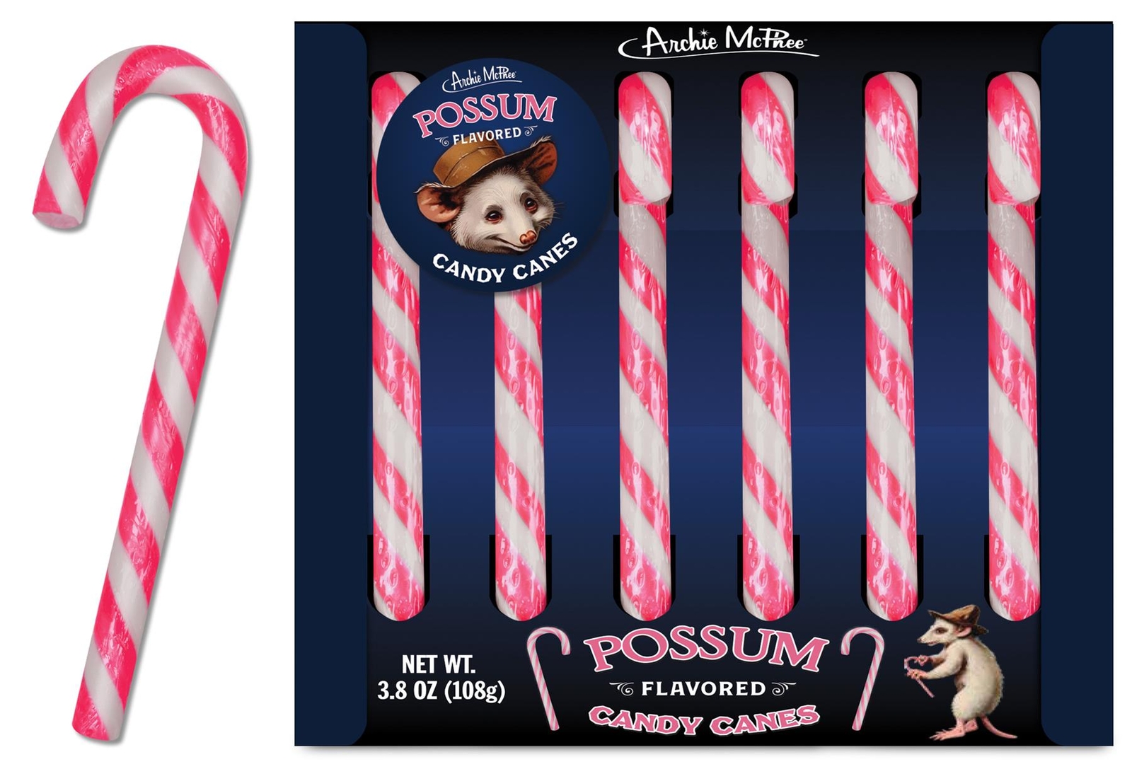 Possum Candy Canes Accoutrements Novelty Fun Flavored 3.8 oz 6 pcs Christmas