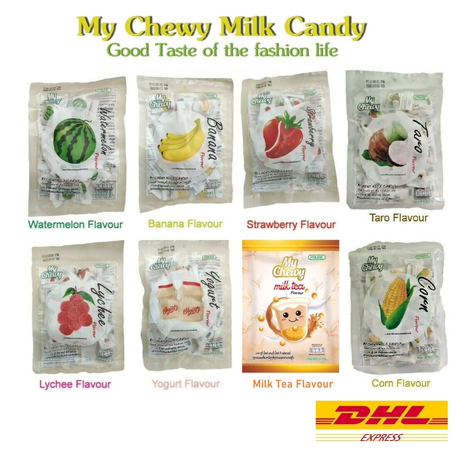 8 x My Chewy Milk Candy Sweet Sour Fruit Yogurt Mint Flavor Soft Chewy Candy 67g