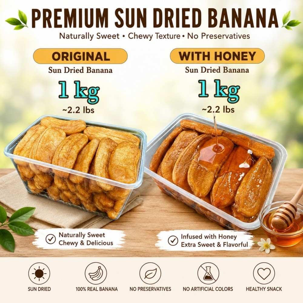 Jiraporn Dried Banana 1kg (2.2 lbs) Original or Honey Thai Healthy Banana Snack