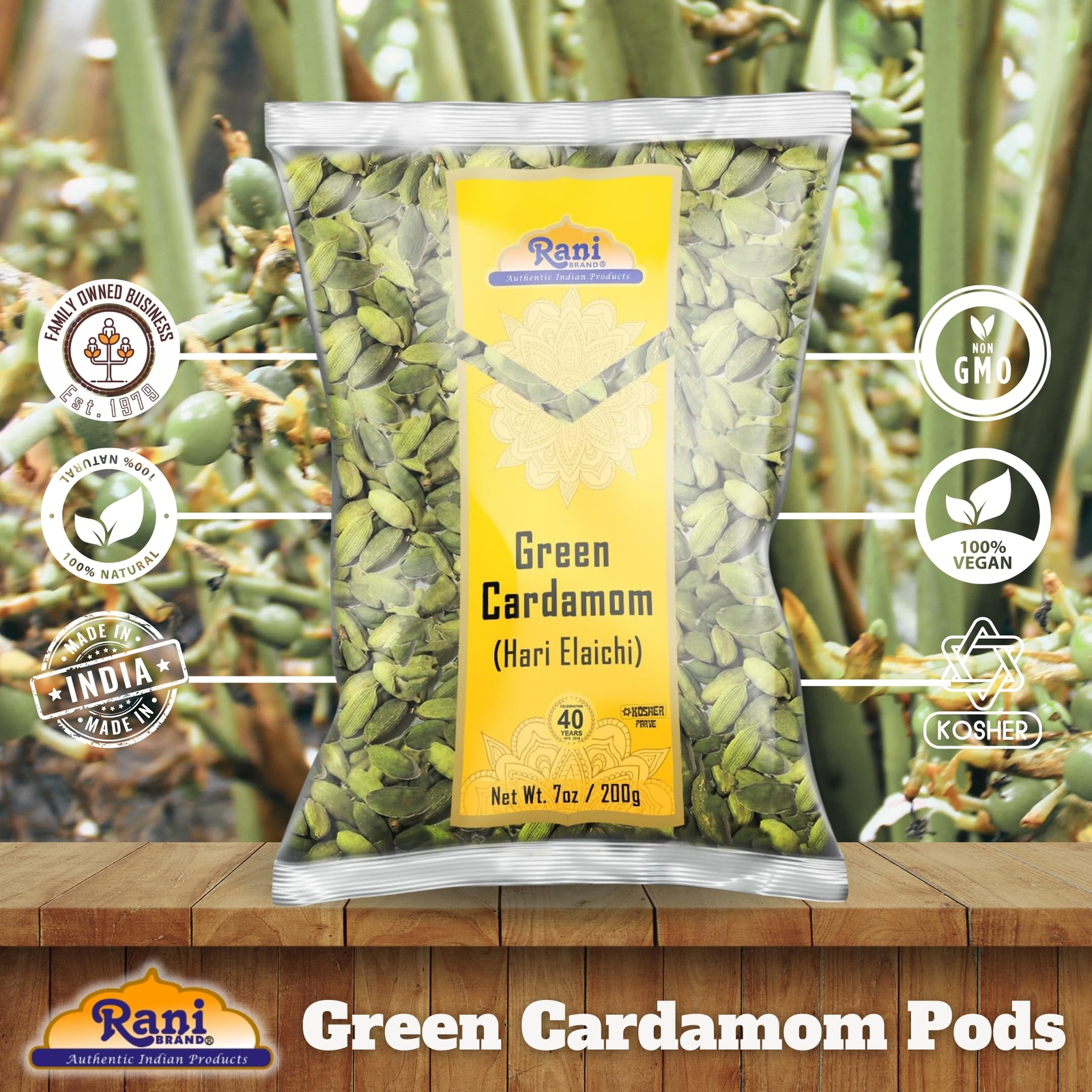 Rani Green Cardamom Pods Spice (Hari Elachi) 7oz (200g)