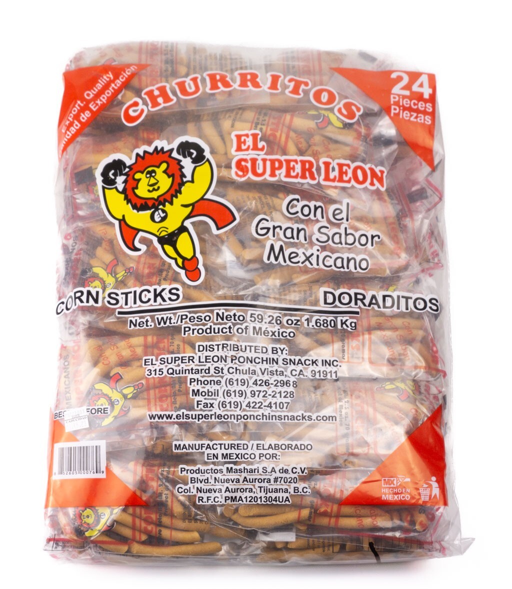 Churritos Doraditos El Super Leon Mexican Corn Sticks 24 Pieces