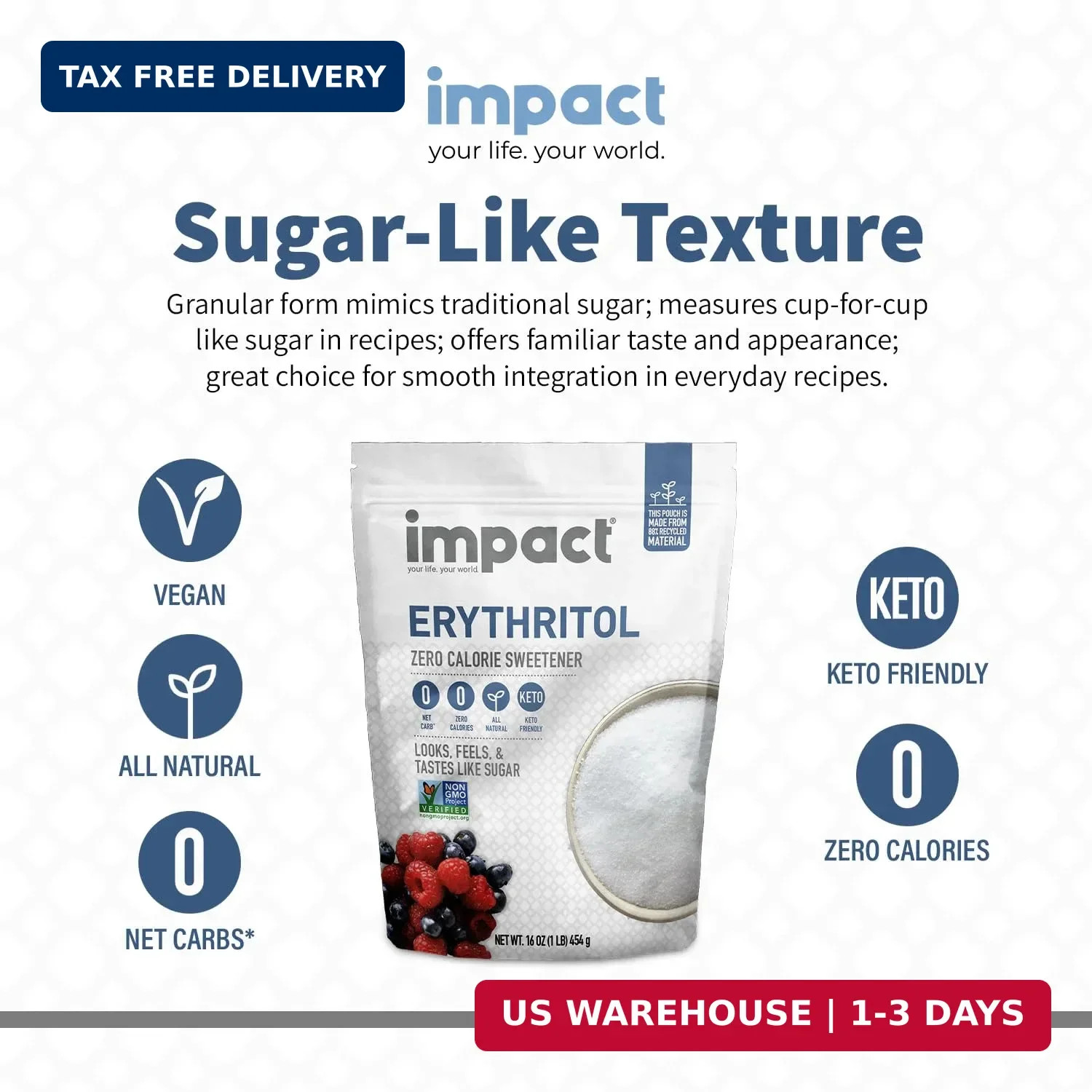 Impact – Erythritol Granular Sweetener – Zero Calorie, Low Carb & Plant-Based, L