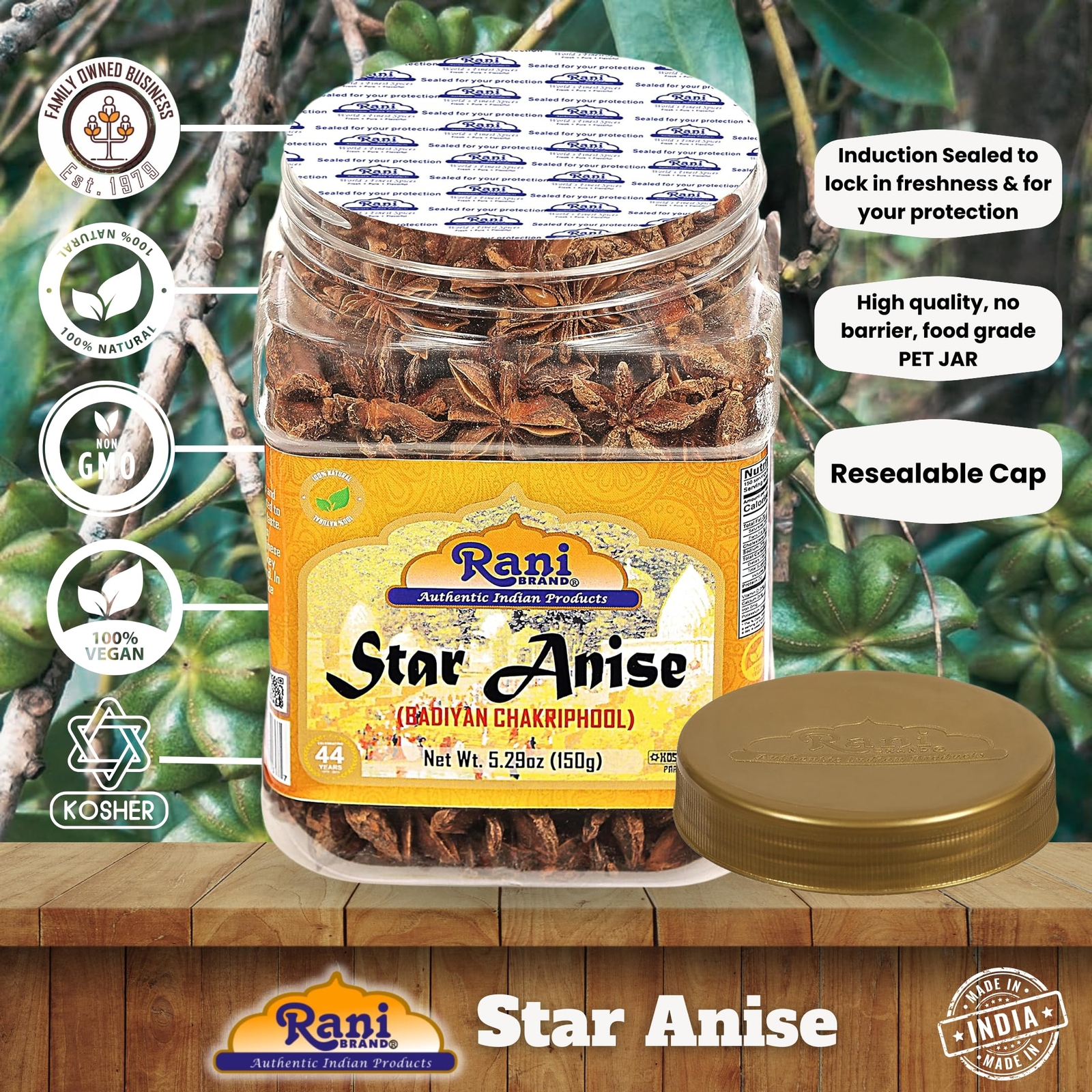 Rani Star Anise Seeds, Whole Pods (Badian Khatai) Spice 5.29oz (150g) PET Jar