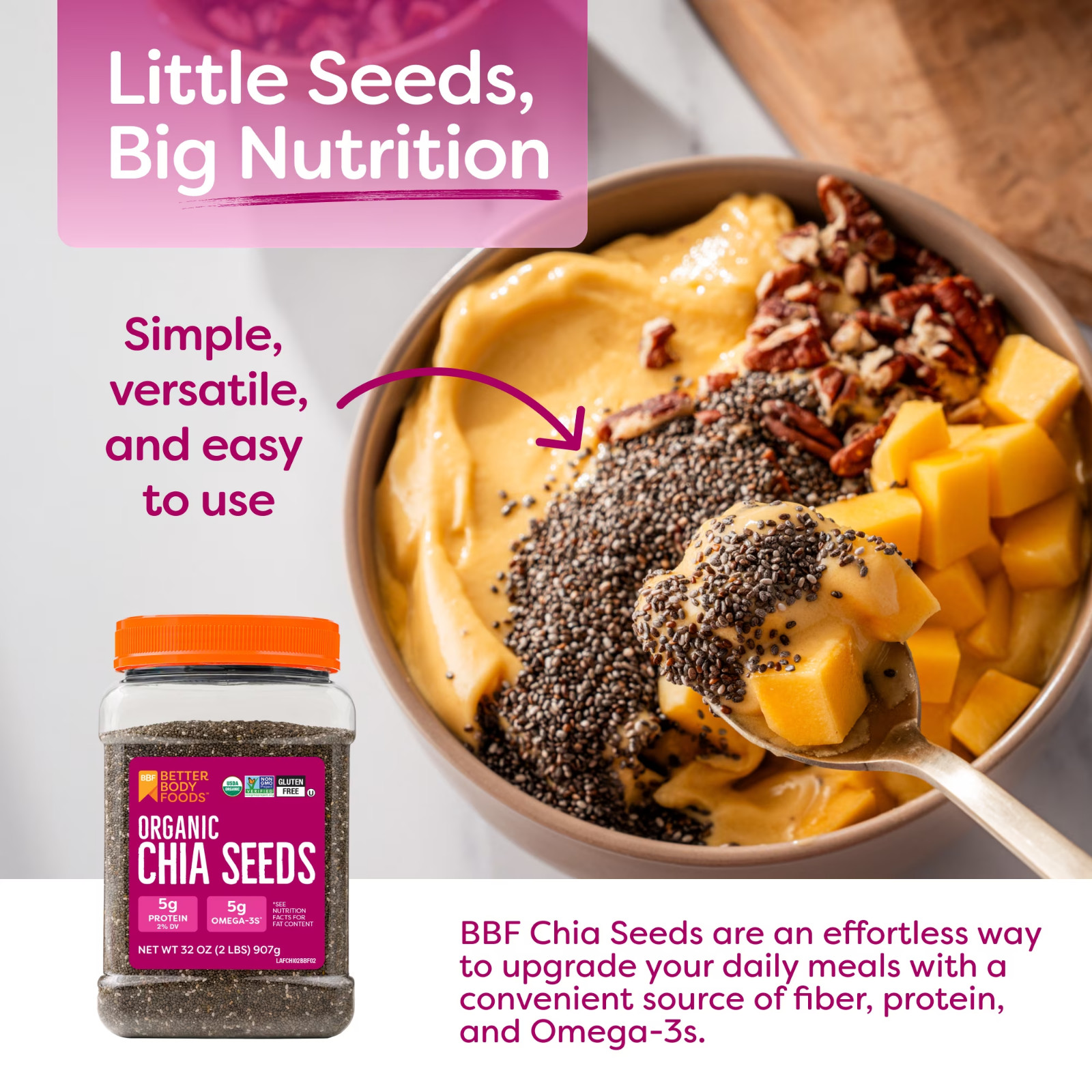 BetterBody Foods Organic Chia Seeds, 2.0 lb, 30 Servings………