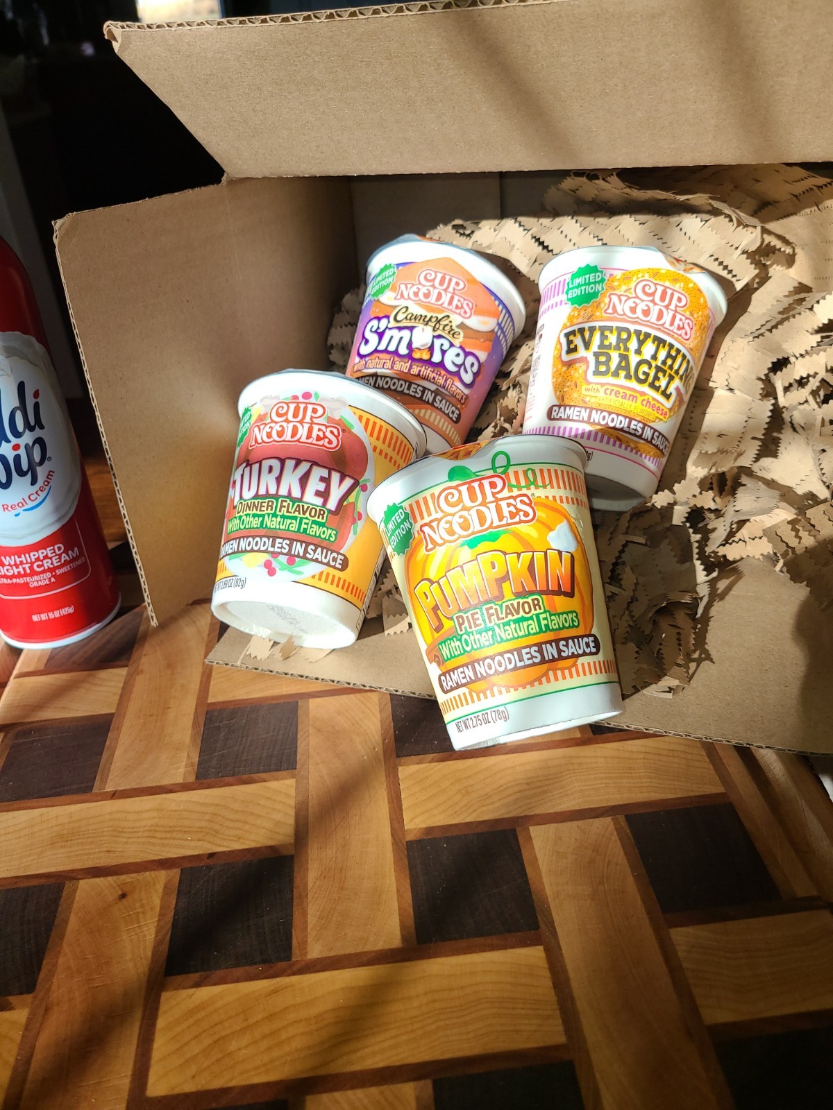 4 Cup Noodles: 1 Turkey Dinner – 1 Pumpkin Pie – 1 Everything Bagel – 1 S’mores