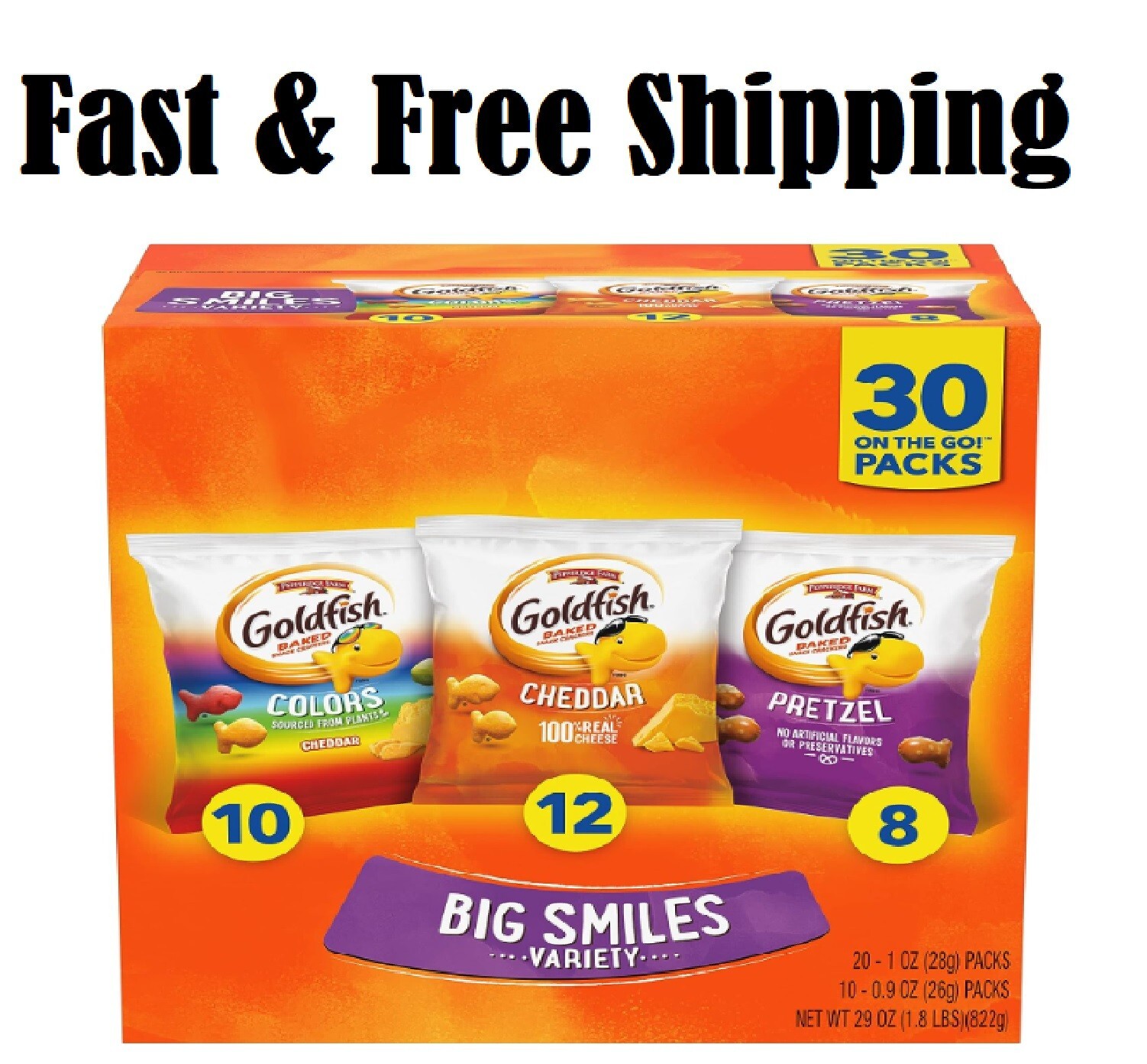 Goldfish Crackers Big Smiles Variety Pack Box Cheddar, Colors, and Pretzel 30 CT