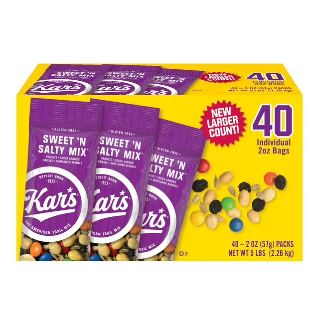 Kar’s Sweet ‘n Salty Trail Mix Snack Packs, 2 oz Bags, 40 Count.