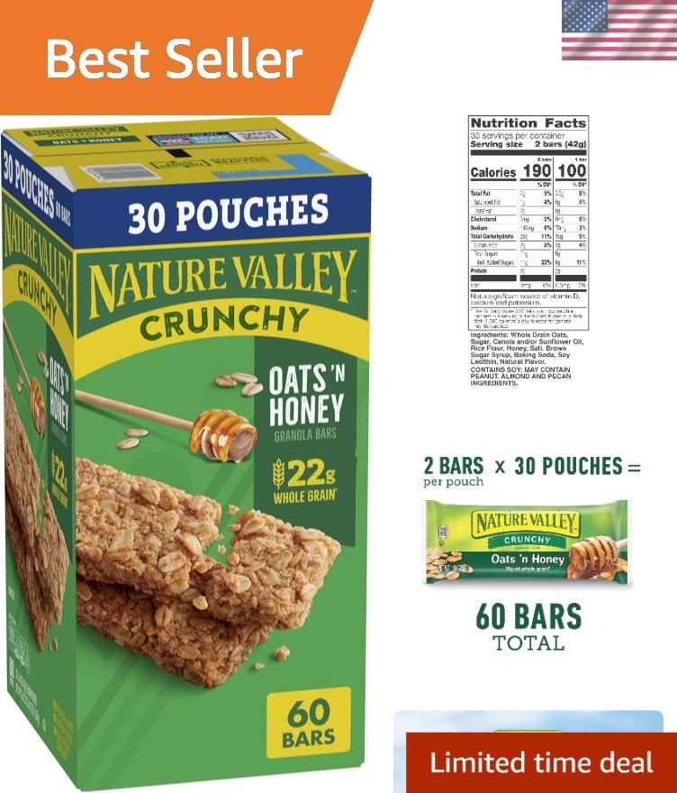 60 Crunchy Oats ‘n Honey Granola Bars – 44.7 OZ – Kosher Snack with Whole Grains