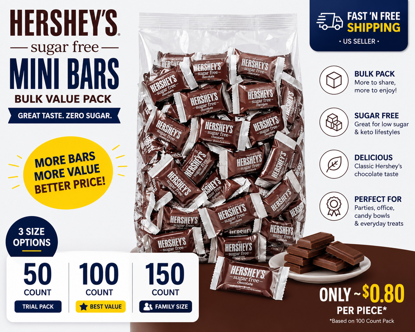 Hershey’s Sugar Free Chocolate Mini Bars Bulk 50 100 150 Ct Keto Snack